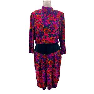Vtg Lady Raoul Jewel Toned Blouson Dress Suede Accents 16 Purple